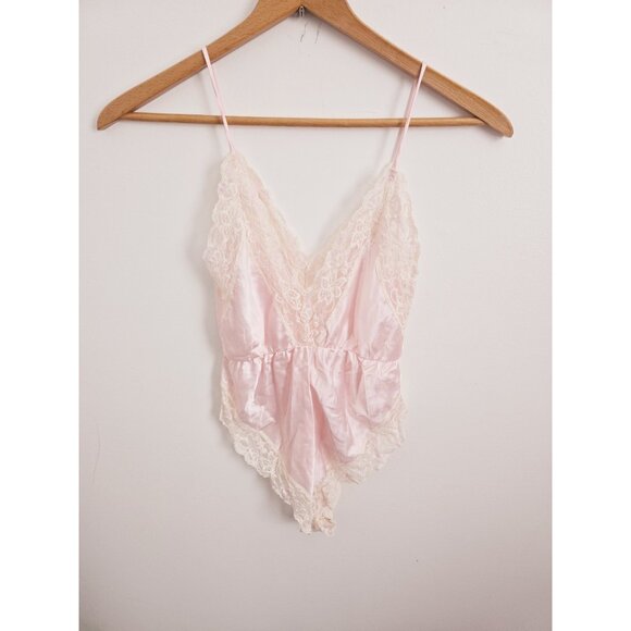 Vintage Teddy Lingerie Silky Satin Lace Pink Ms Leslee V-Neck Bodysuit L Large - Picture 9 of 9